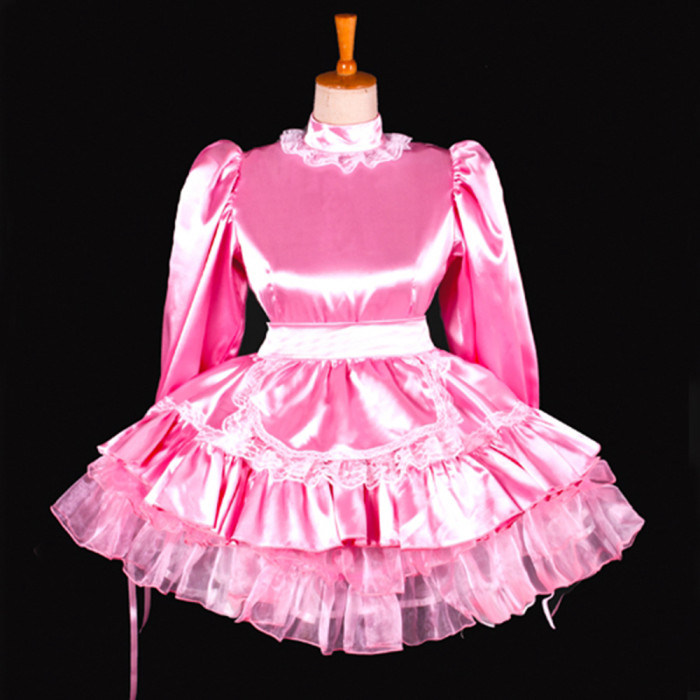 fondcosplay adult sexy cross dressing French sissy maid lockable baby pink Satin Uniform dress apron costume Custom-made[G794]