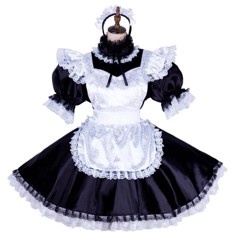 fondcosplay adult sexy cross dressing sissy maid short lockable black satin dress white apron Uniform costume CD/TV[G1775]