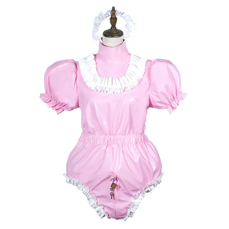 Sissy Maid Bodysuit Shiny PVC Lolita Puff Short Sleeve Cosplay Costume Vinyl Maid Dress Lockable Gothic Jumpsit Plus Size[G3779]