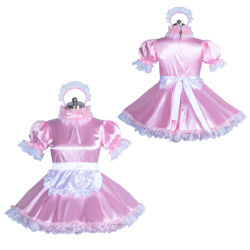 fondcosplay adult sexy cross dressing sissy maid short French lockable baby pink satin dress white apron CD/TV[G3885]