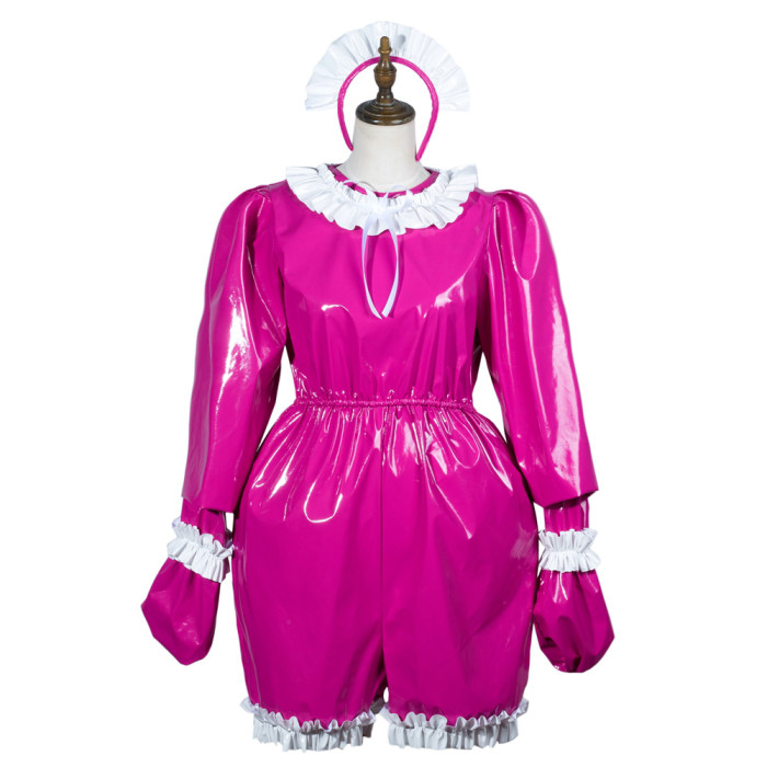 fondcosplay adult sexy cross dressing sissy maid hot pink thin pvc jumpsuits rompers lockable Uniform costume CD/TV[G3797]