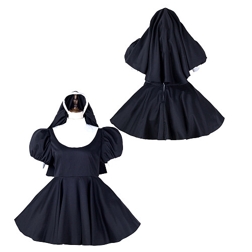 fondcosplay adult sexy cross dressing sissy maid black cotton nun dress lockable Uniform headpiece costume CD/TV[G2236]