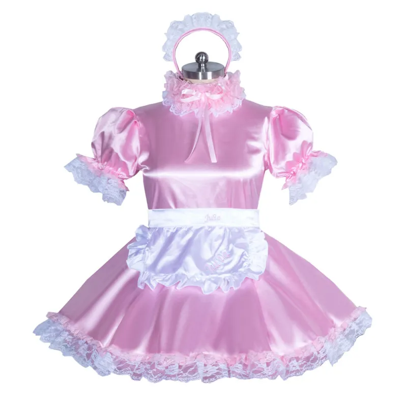 fondcosplay adult sexy cross dressing sissy maid short French lockable baby pink satin dress white apron CD/TV[G3885]