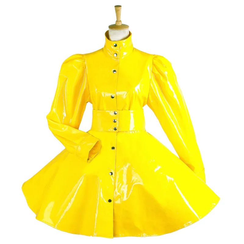 fondcosplay adult sexy cross dressing sissy maid yellow heavy PVC Rain coat Gothic lolita punk Vinyl dress CD/TV[G1546]