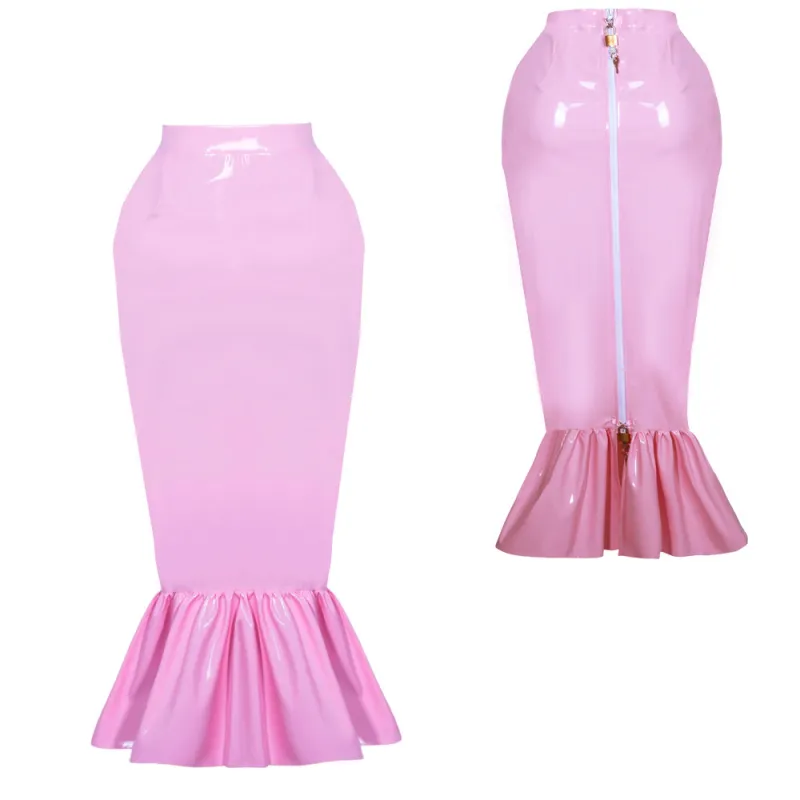 fondcosplay adult sexy cross dressing sissy maid short lockable pink heavy PVC fishtail hobble skirt unisex CD/TV[G3890]