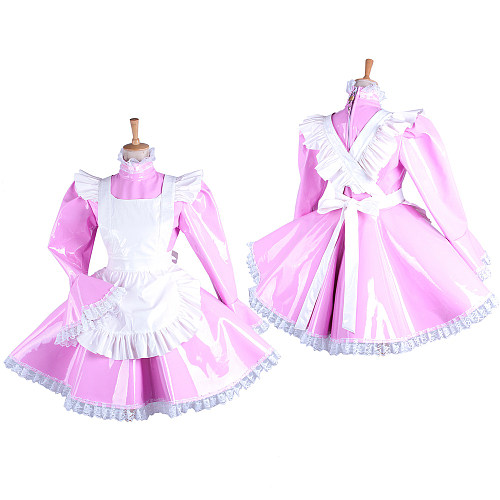 fondcosplay adult cross dressing sissy maid short pink heavy PVC lockable Dress vinyl Uniform white apron CD/TV[G1547]