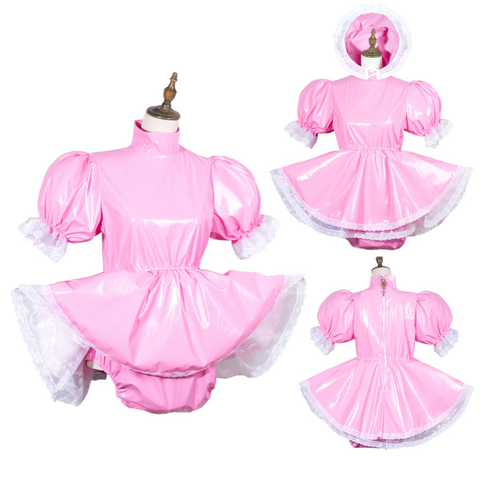 fondcosplay sexy cross dressing sissy maid baby pink thin pvc dress  lockable jumpsuits rompers hood panties CD/TV