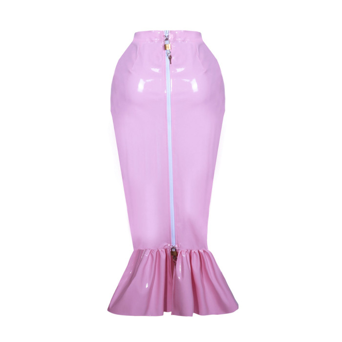 fondcosplay adult sexy cross dressing sissy maid short lockable pink heavy PVC fishtail hobble skirt unisex CD/TV[G3890]