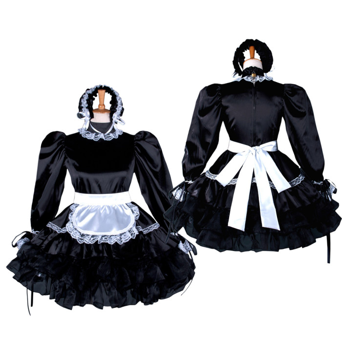 fondcosplay adult sexy cross dressing sissy maid short Dress Lockable Black Satin French Uniform Costume Custom-made[G793]