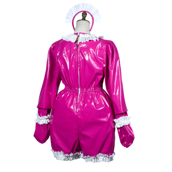 fondcosplay adult sexy cross dressing sissy maid hot pink thin pvc jumpsuits rompers lockable Uniform costume CD/TV[G3797]