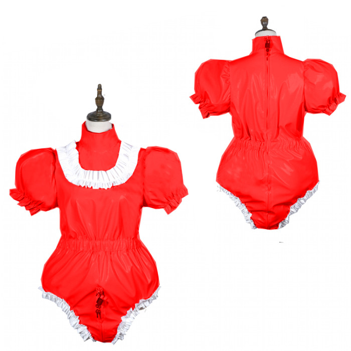 Sissy Maid Bodysuit Shiny PVC Lolita Puff Short Sleeve Cosplay Costume Vinyl Maid Dress Lockable Gothic Jumpsit Plus Size[G3779]
