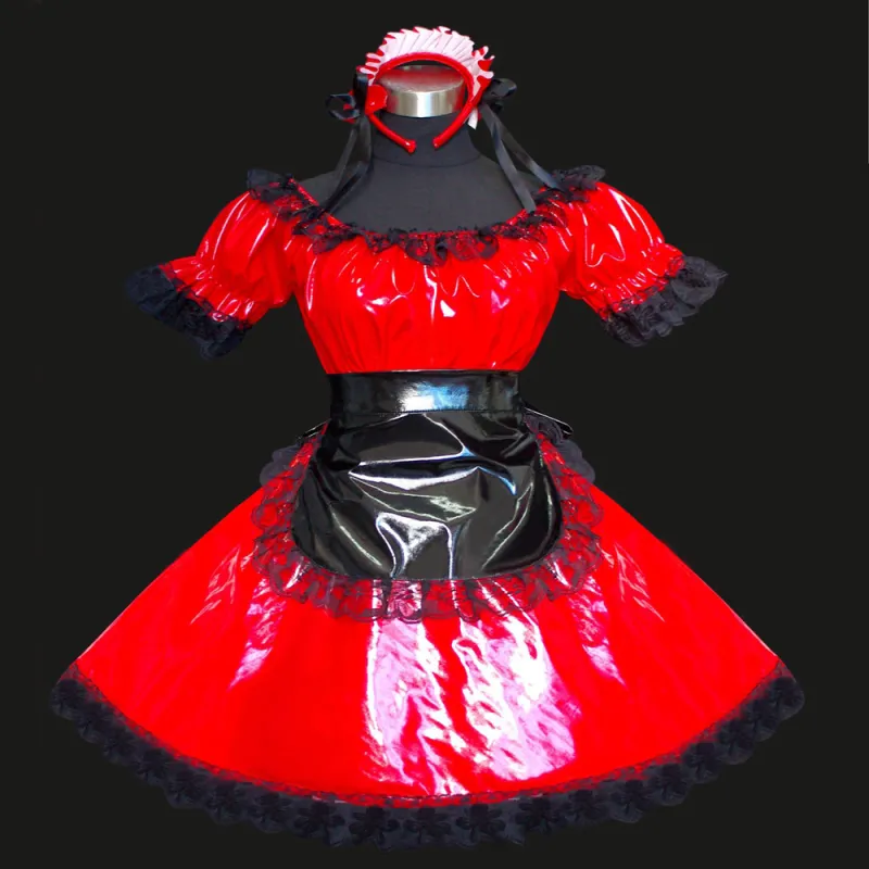 fondcosplay adult sexy cross dressing sissy maid short Dress Red thin Pvc Dress Uniform Cosplay Costume Custom-made[G510]