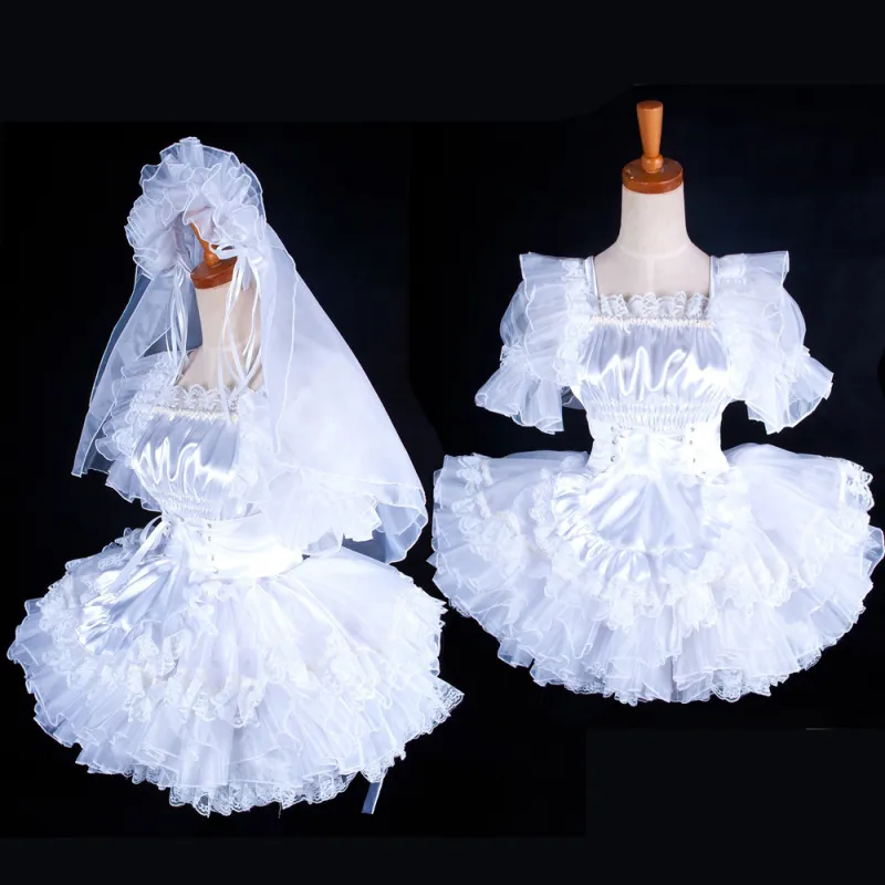 fondcosplay adult sexy cross dressing sissy maid short lockable white Satin Wedding headpiece dress apron Tailor-made [G1596]