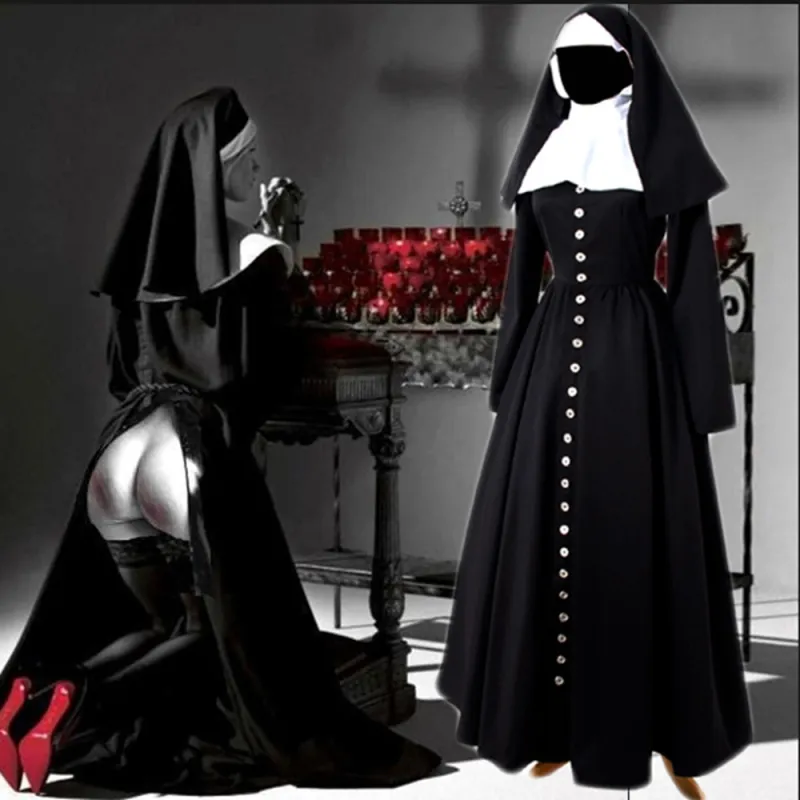 fondcosplay cross dressing sissy maid Gothic Nun black cotton buttons Dress Outfit headpiece cosplay Costume CD/TV[G883]