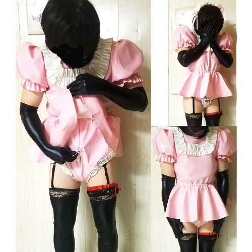 fondcosplay cross dressing sissy maid French Lockable Baby Pink heavy PVC Romper Dress Jumpsuit panties CD/TV[G3999]