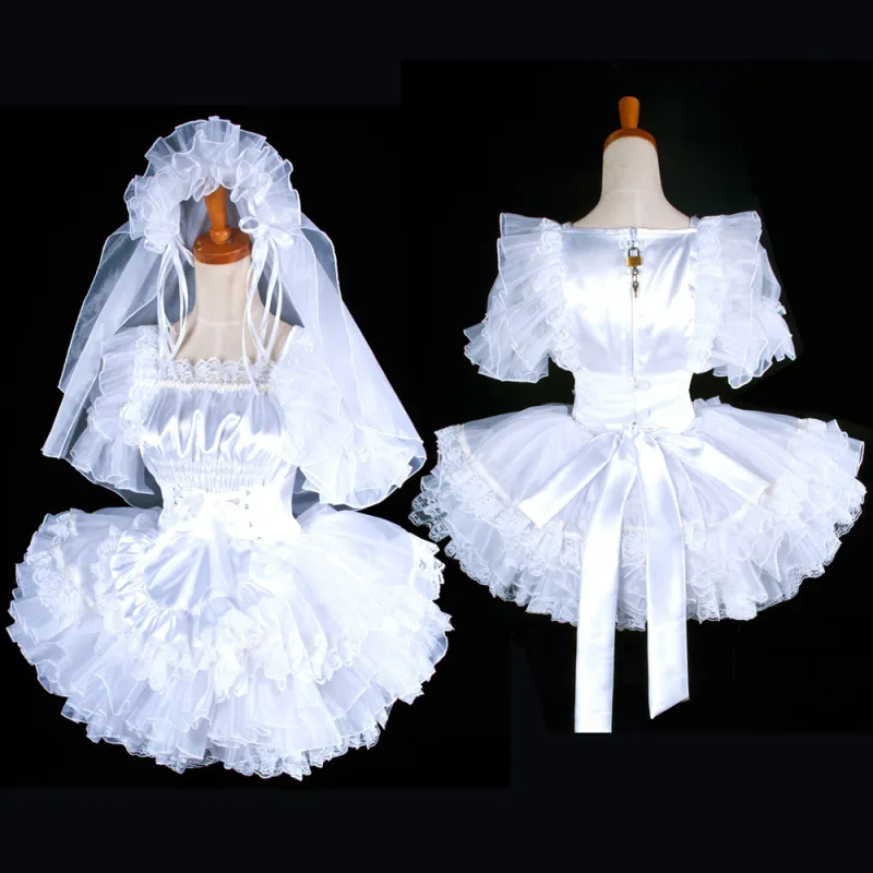fondcosplay adult sexy cross dressing sissy maid short lockable white Satin Wedding headpiece dress apron Tailor-made [G1596]