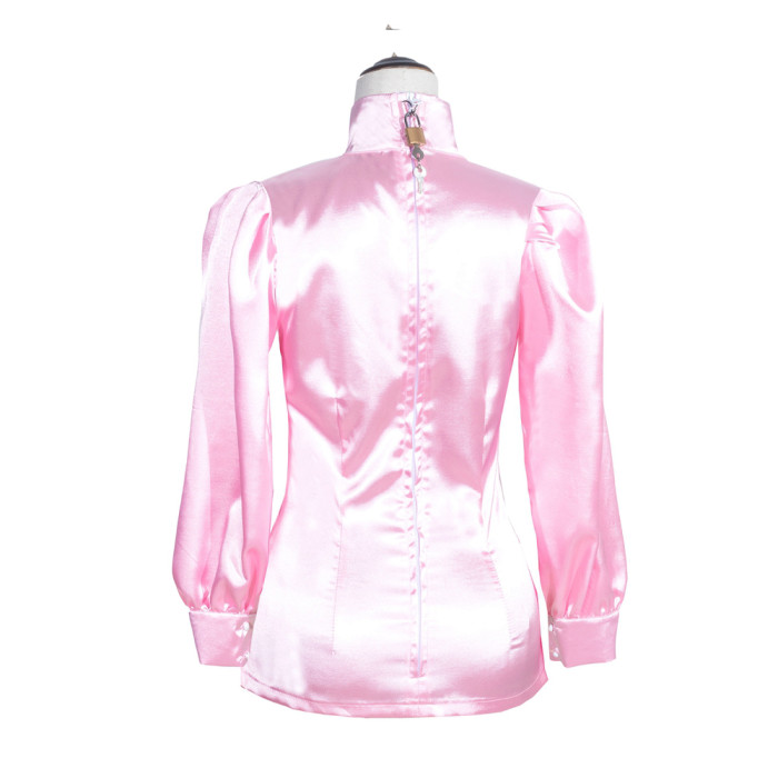 fondcosplay adult sexy cross dressing sissy maid short French baby pink satin shirt Uniform Lockable Costume CD/TV[G4006]