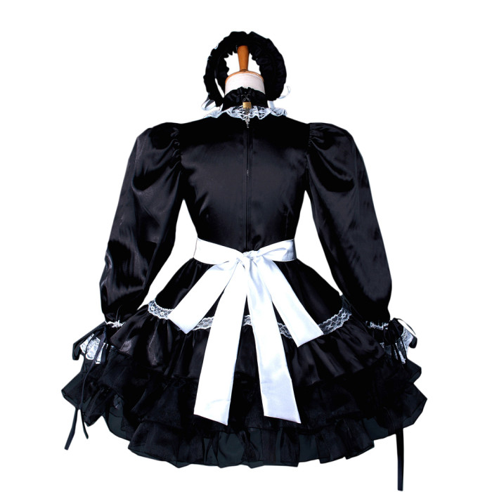 fondcosplay adult sexy cross dressing sissy maid short Dress Lockable Black Satin French Uniform Costume Custom-made[G793]