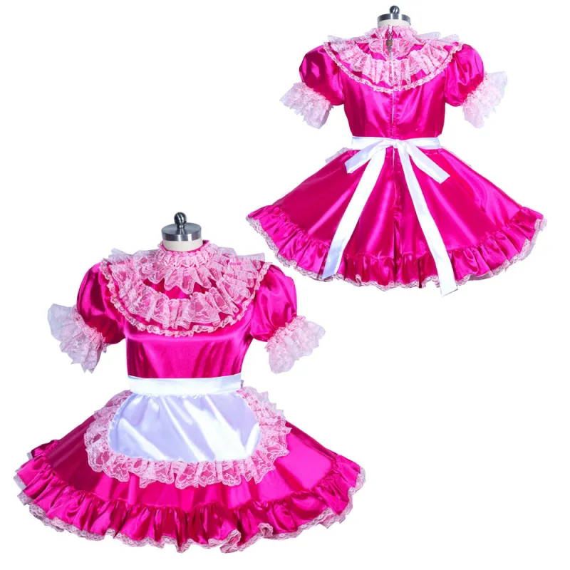 fondcosplay adult sexy cross dressing sissy maid short French hot pink Satin white apron lockable dress CD/TV[G3933]