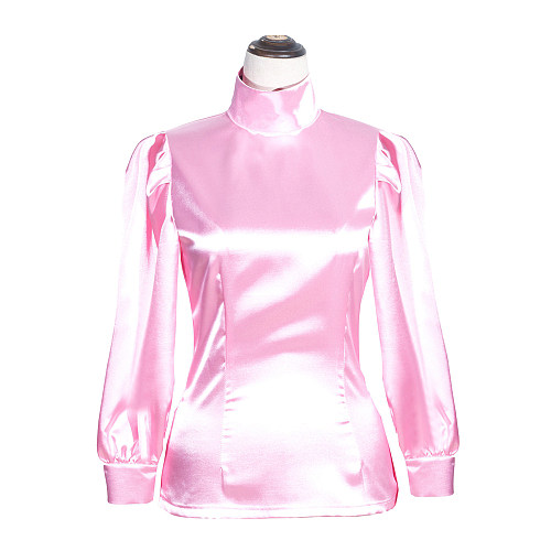 fondcosplay adult sexy cross dressing sissy maid short French baby pink satin shirt Uniform Lockable Costume CD/TV[G4006]