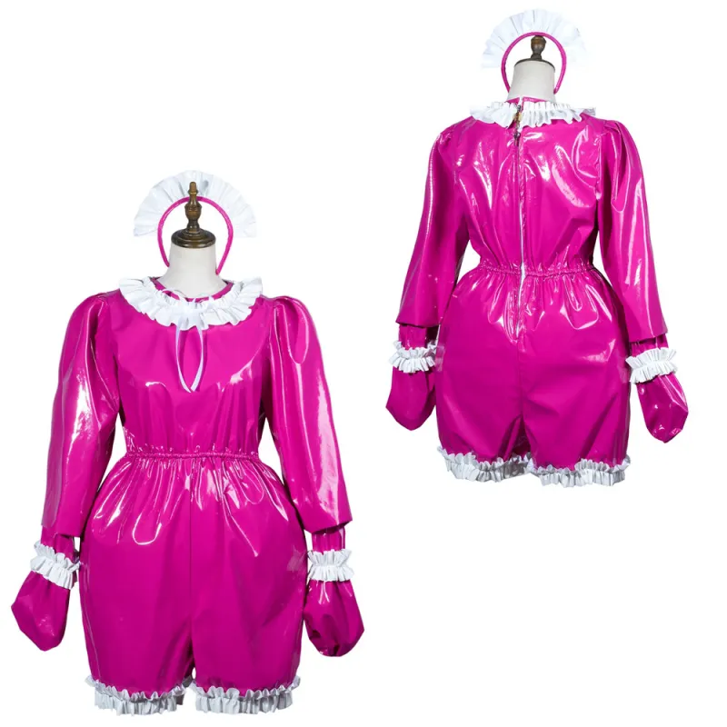 fondcosplay adult sexy cross dressing sissy maid hot pink thin pvc jumpsuits rompers lockable Uniform costume CD/TV[G3797]