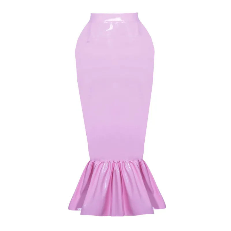fondcosplay adult sexy cross dressing sissy maid short lockable pink heavy PVC fishtail hobble skirt unisex CD/TV[G3890]
