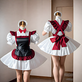 Custom Thin PVC Lockable Sissy Maid Dress – Burgundy, White & Black Puff Sleeve Cosplay Outfit [G4073]