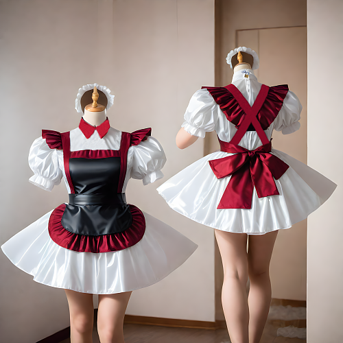 Custom Thin PVC Lockable Sissy Maid Dress – Burgundy, White & Black Puff Sleeve Cosplay Outfit [G4073]