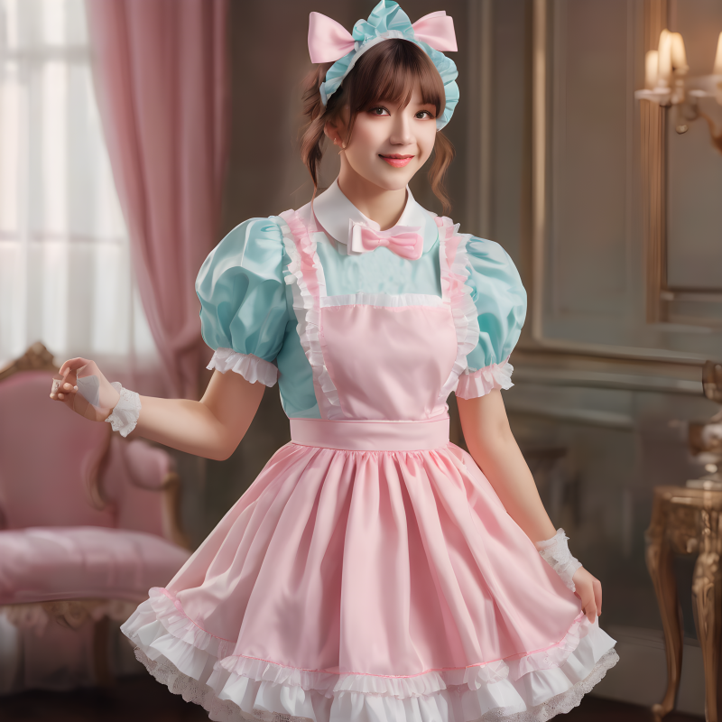 Cyan/Baby Pink Sissy Maid Lockable Satin Short Dress G4071