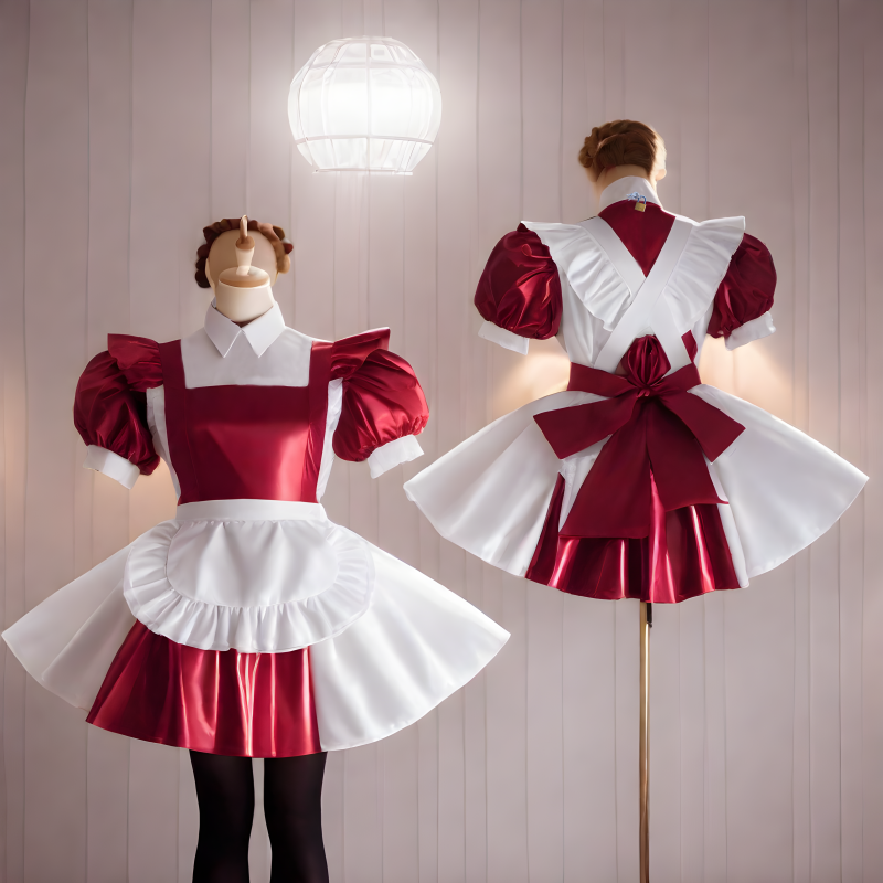 White/Red Sissy Maid Lockable Thin PVC Short Dress G4074