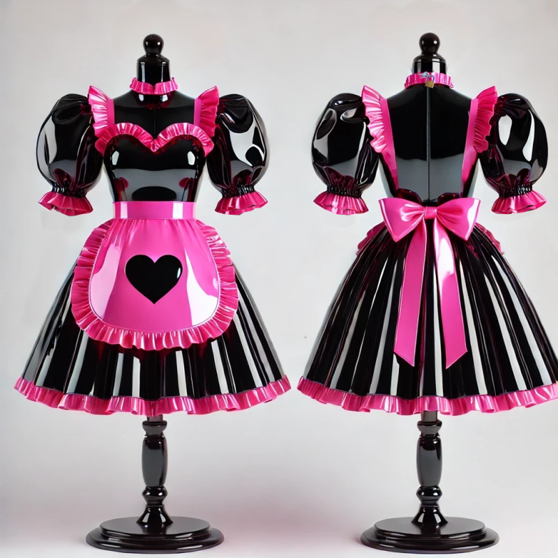 High Gloss Black and Bright Pink PVC French Sissy Maid Dress with Back Zipper Design G4075