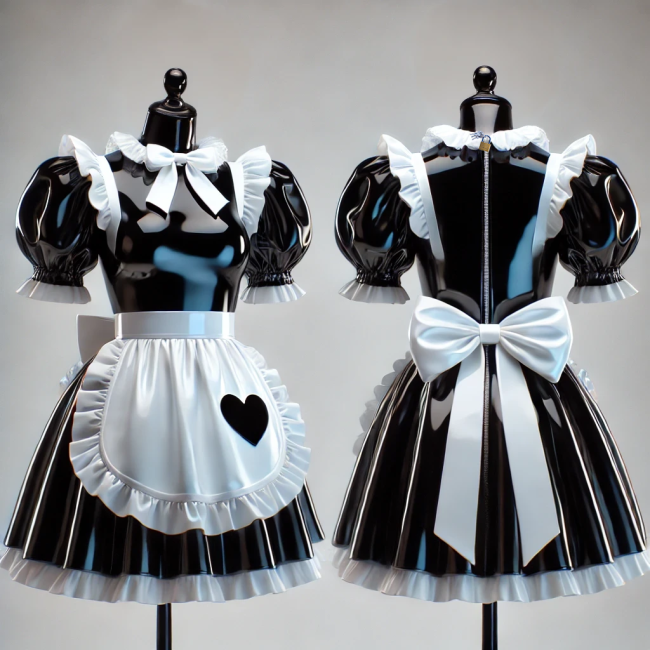 Glossy Black and White PVC French Sissy Maid Lockable Dress with Heart-Shaped G4077