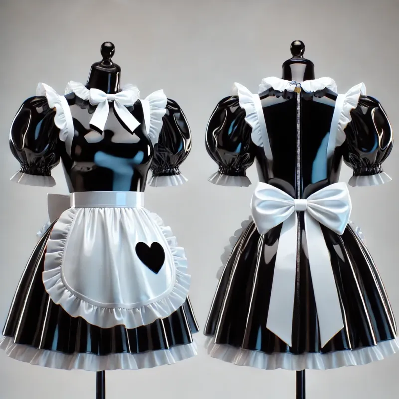 Glossy Black and White PVC French Sissy Maid Lockable Dress with Heart-Shaped G4077