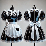 Custom Handmade Lockable Heavy PVC Sissy Maid Dress – Glossy Black & White with Heart Apron [G4077]