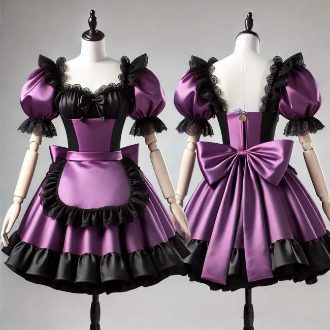 Elegant Satin Purple and Black French Sissy Lockable Maid Dress with Lace Trim G4076
