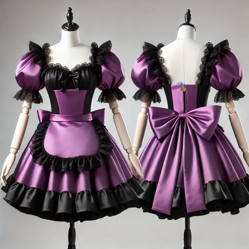 Elegant Satin Purple and Black French Sissy Lockable Maid Dress with Lace Trim G4076