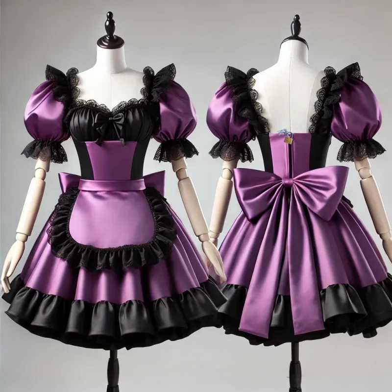 Elegant Satin Purple and Black French Sissy Lockable Maid Dress with Lace Trim G4076