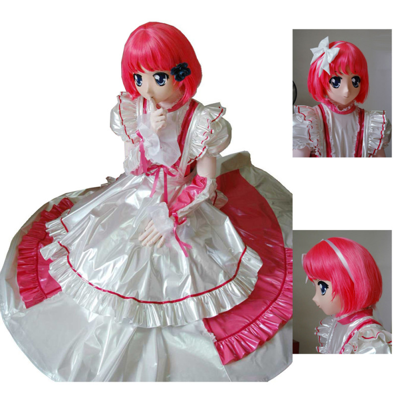 White/Hot Pink Sissy Maid Lockable Thin Pvc Dress G1437