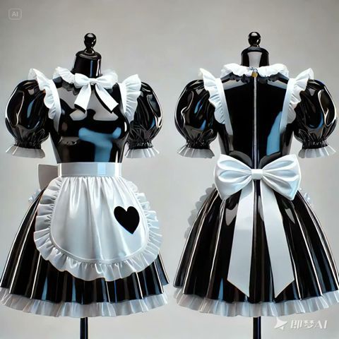 Glossy Black and White PVC French Sissy Maid Lockable Dress with Heart-Shaped G4077