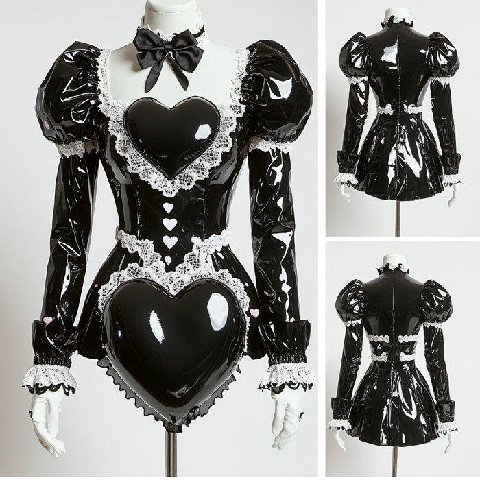 Glossy Black and White Lace French Sissy Maid Lockable Dress with Heart-Shaped G4078
