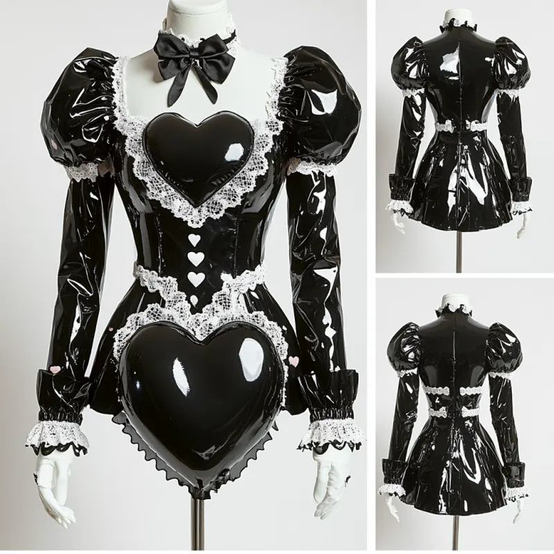 Glossy Black and White Lace French Sissy Maid Lockable Dress with Heart-Shaped G4078