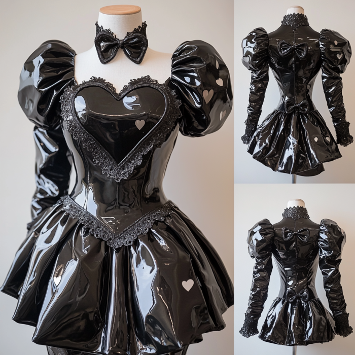 Glossy Black PVC And Lace French Sissy Maid Lockable Dress with Heart-Shaped G4079