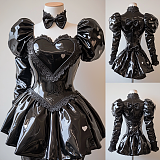 Custom Handmade Lockable Black Heavy PVC Sissy Maid Dress with Heart Chest Cutout & Puff Sleeves [G4079]