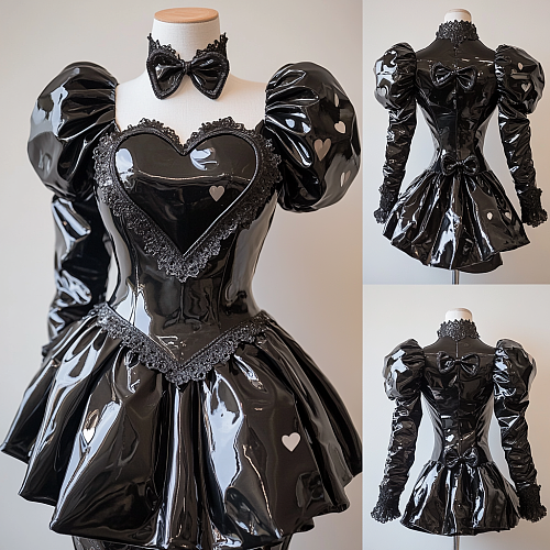 Custom Handmade Lockable Black Heavy PVC Sissy Maid Dress with Heart Chest Cutout & Puff Sleeves [G4079]