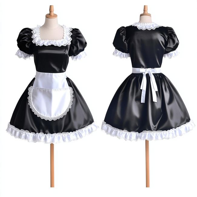 Elegant Satin Black And White French Sissy Lockable Maid Dress with Lace Trim G4080