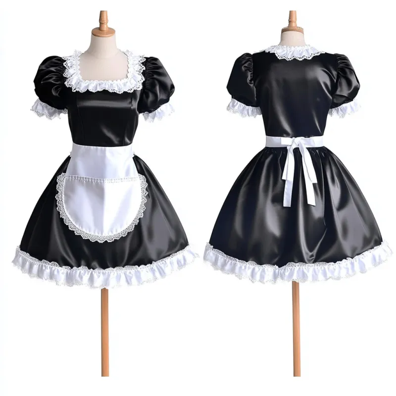 Elegant Satin Black And White French Sissy Lockable Maid Dress with Lace Trim G4080