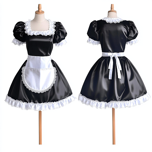 Custom Handmade Lockable Black & White Satin Sissy Maid Dress with Lace Apron [G4080]
