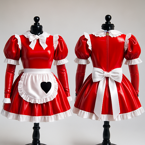 Custom Handmade Lockable Red & White Heavy PVC Sissy Maid Dress with Heart Apron [G4083]