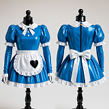 Custom Handmade Lockable Blue & White Heavy PVC Sissy Maid Dress with Heart Apron [G4082]