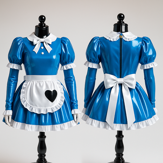 Custom Handmade Lockable Blue & White Heavy PVC Sissy Maid Dress with Heart Apron [G4082]